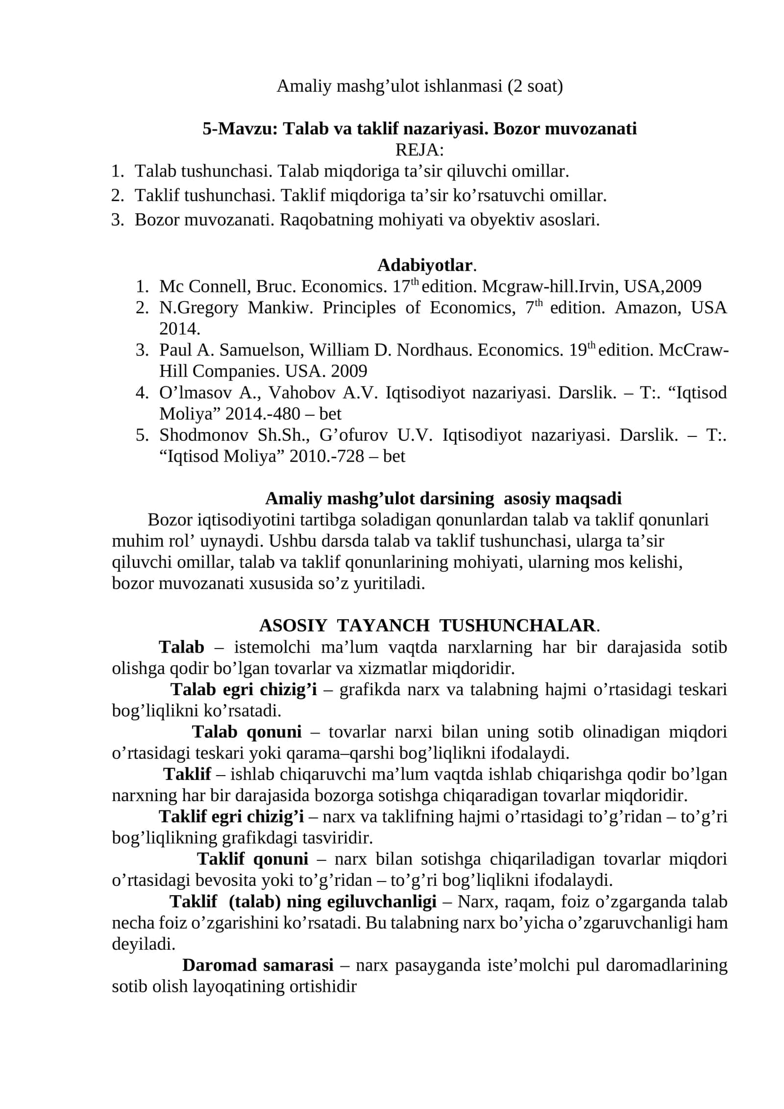Amaliy mashg’ulot ishlanmasi (2 soat) 1