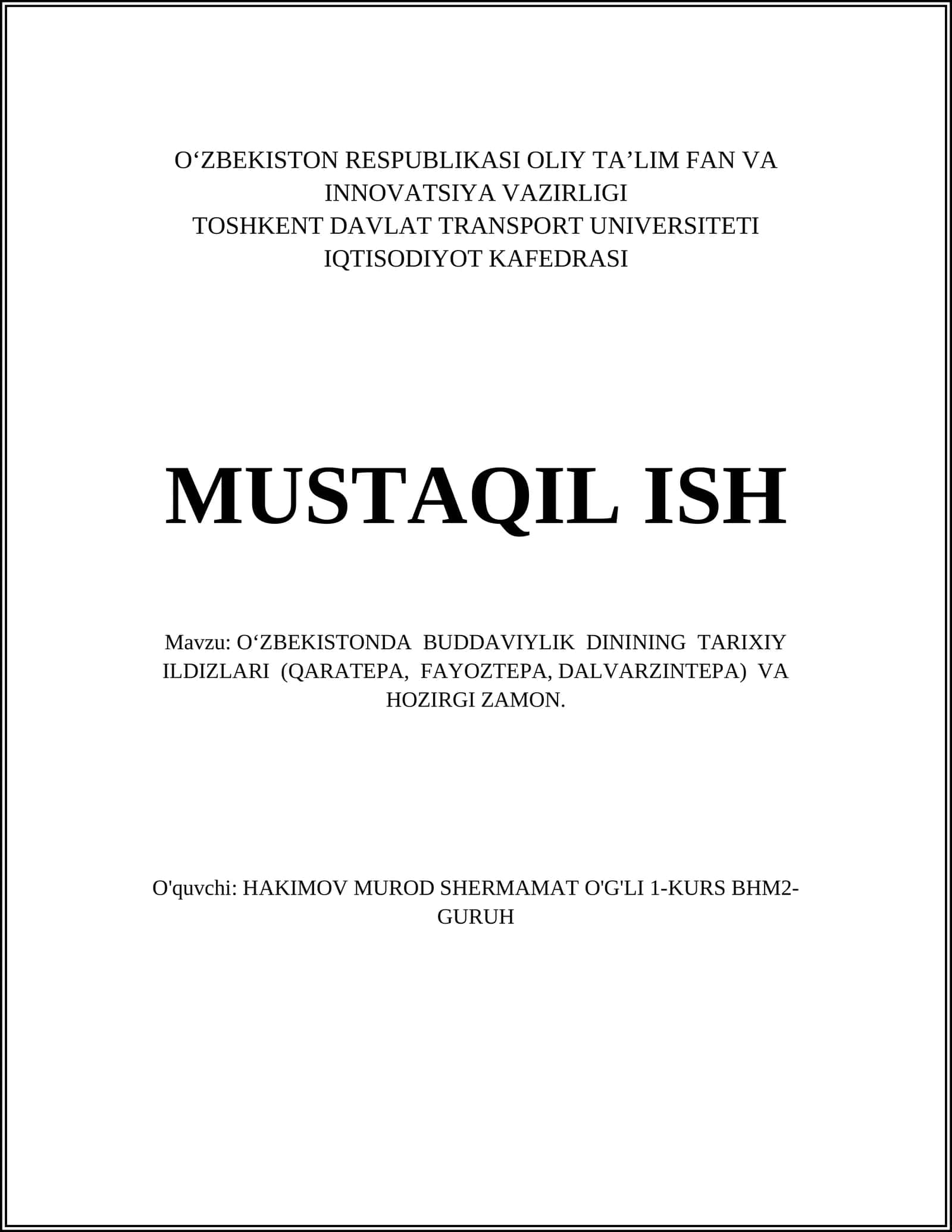 O‘ZBEKISTONDA BUDDAVIYLIK DININING TARIXIY ILDIZLARI (QARATEPA, FAYOZTEPA, DALVARZINTEPA) VA HOZIRGI ZAMON 1