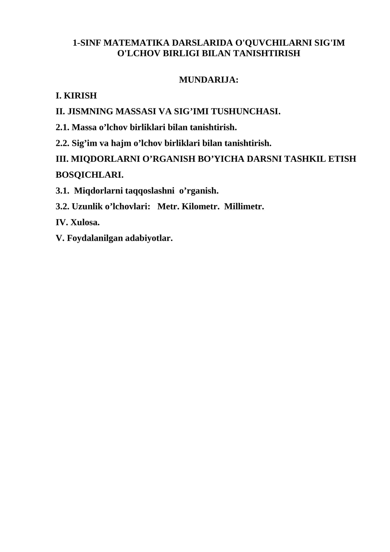 1-SINF MATEMATIKA DARSLARIDA O'QUVCHILARNI SIG'IM O'LCHOV BIRLIGI BILAN TANISHTIRISH 1