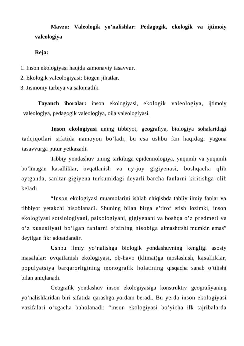 Valeologik yo’nalishlar: Pedagogik, ekologik va ijtimoiy valeologiya 1