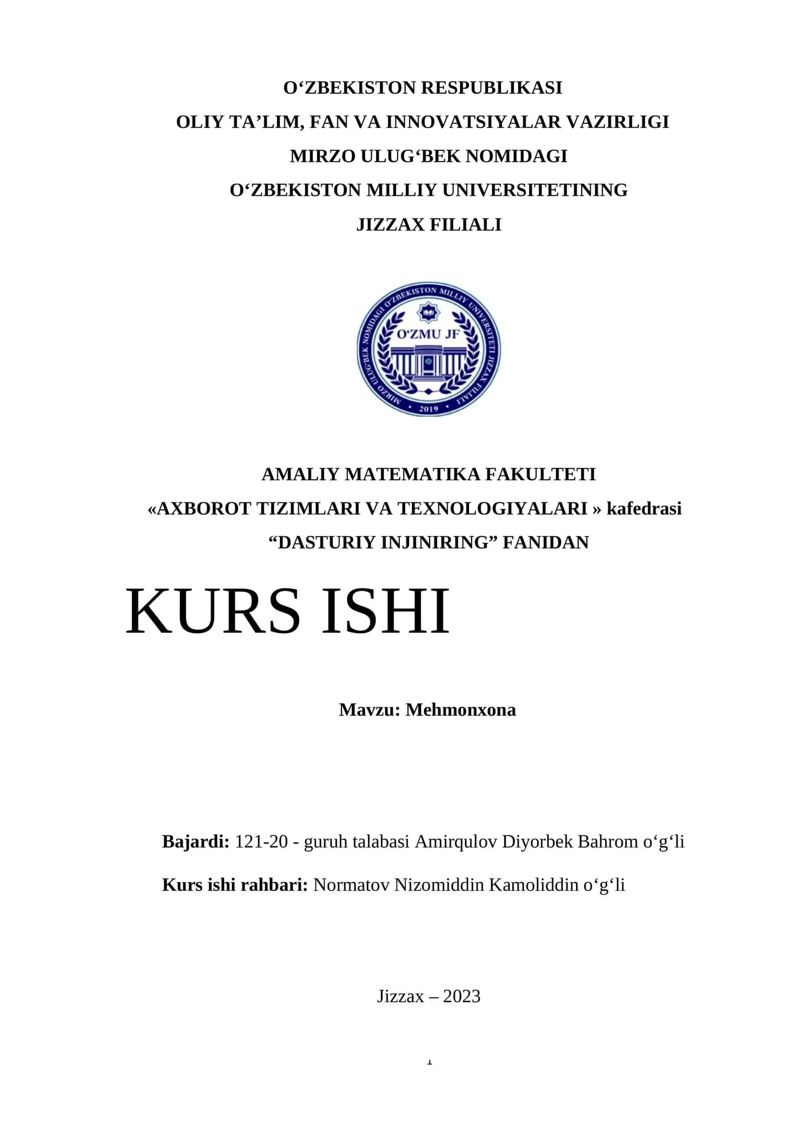 DASTURIY INJINIRING FANIDAN KURS ISHI 1