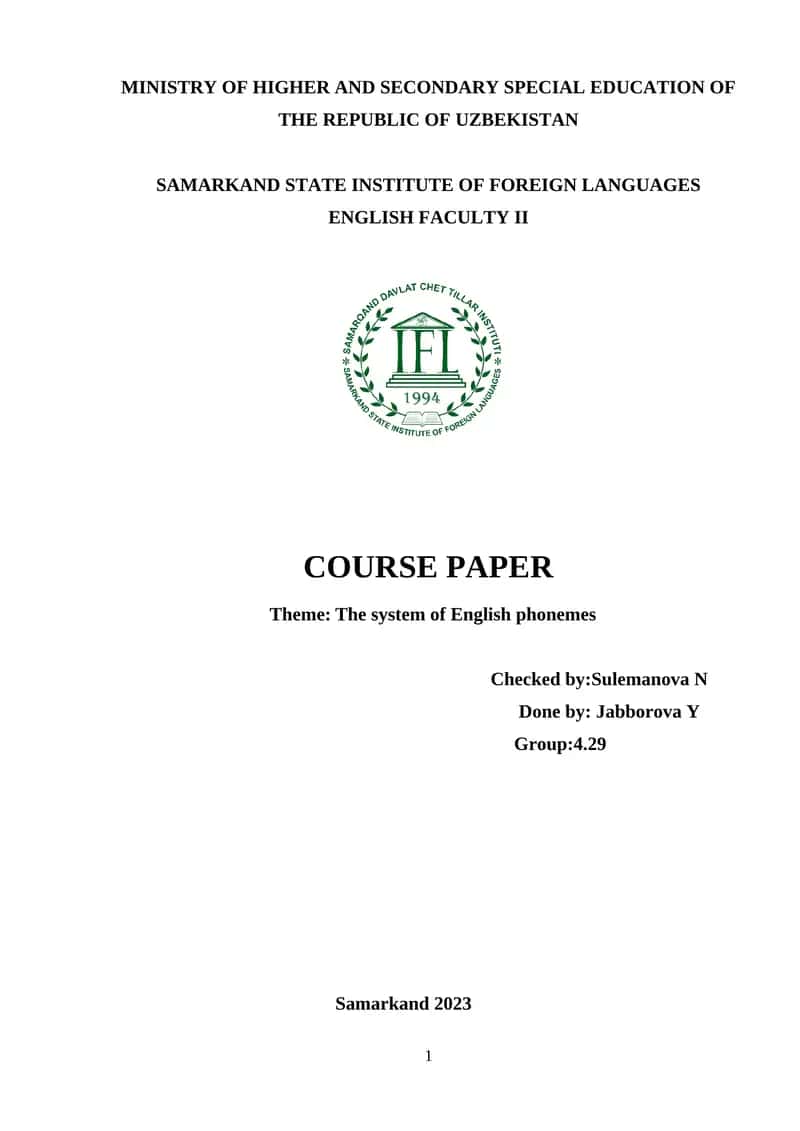 Course Paper: The system of English phonemes 1
