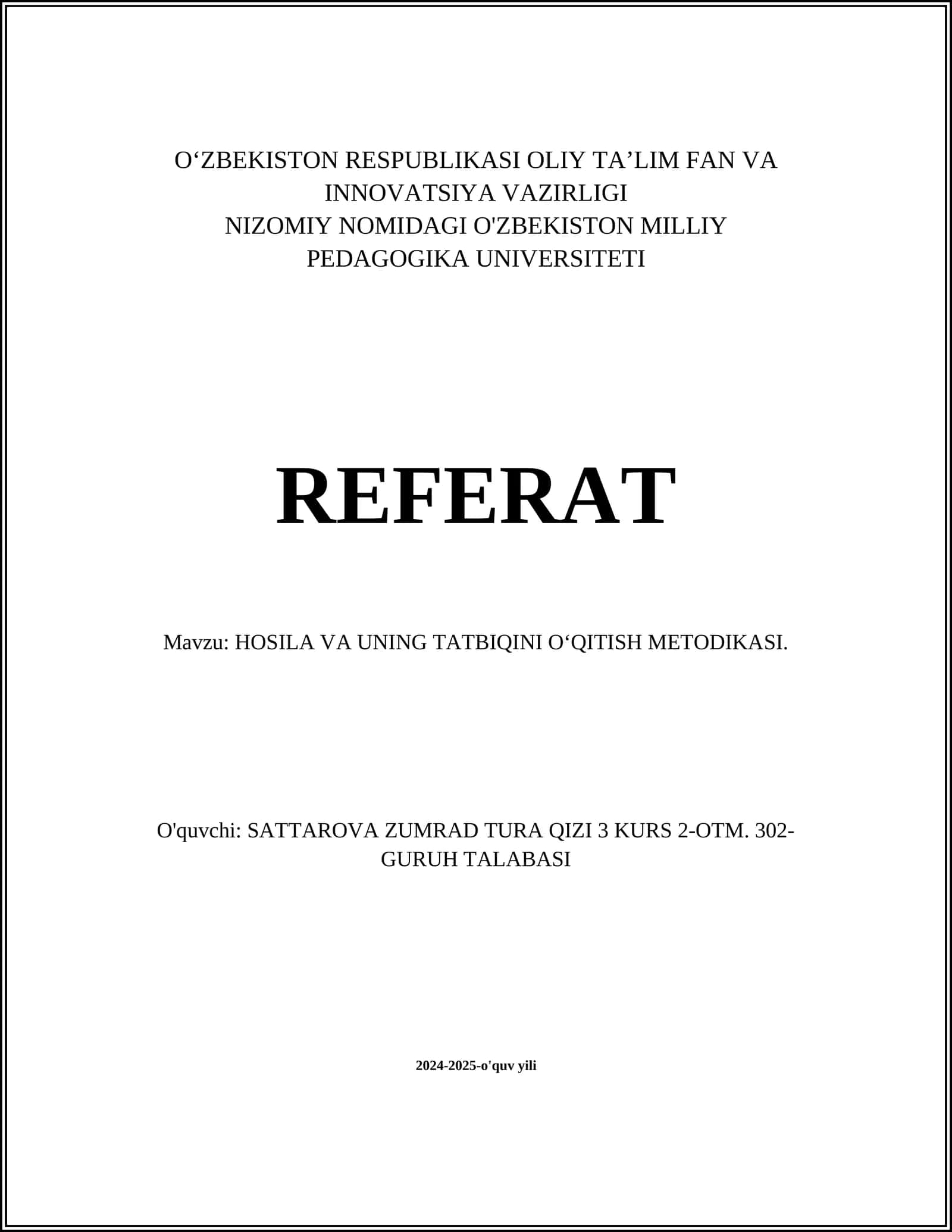 HOSILA VA UNING TATBIQINI OʻQITISH METODIKASI 1