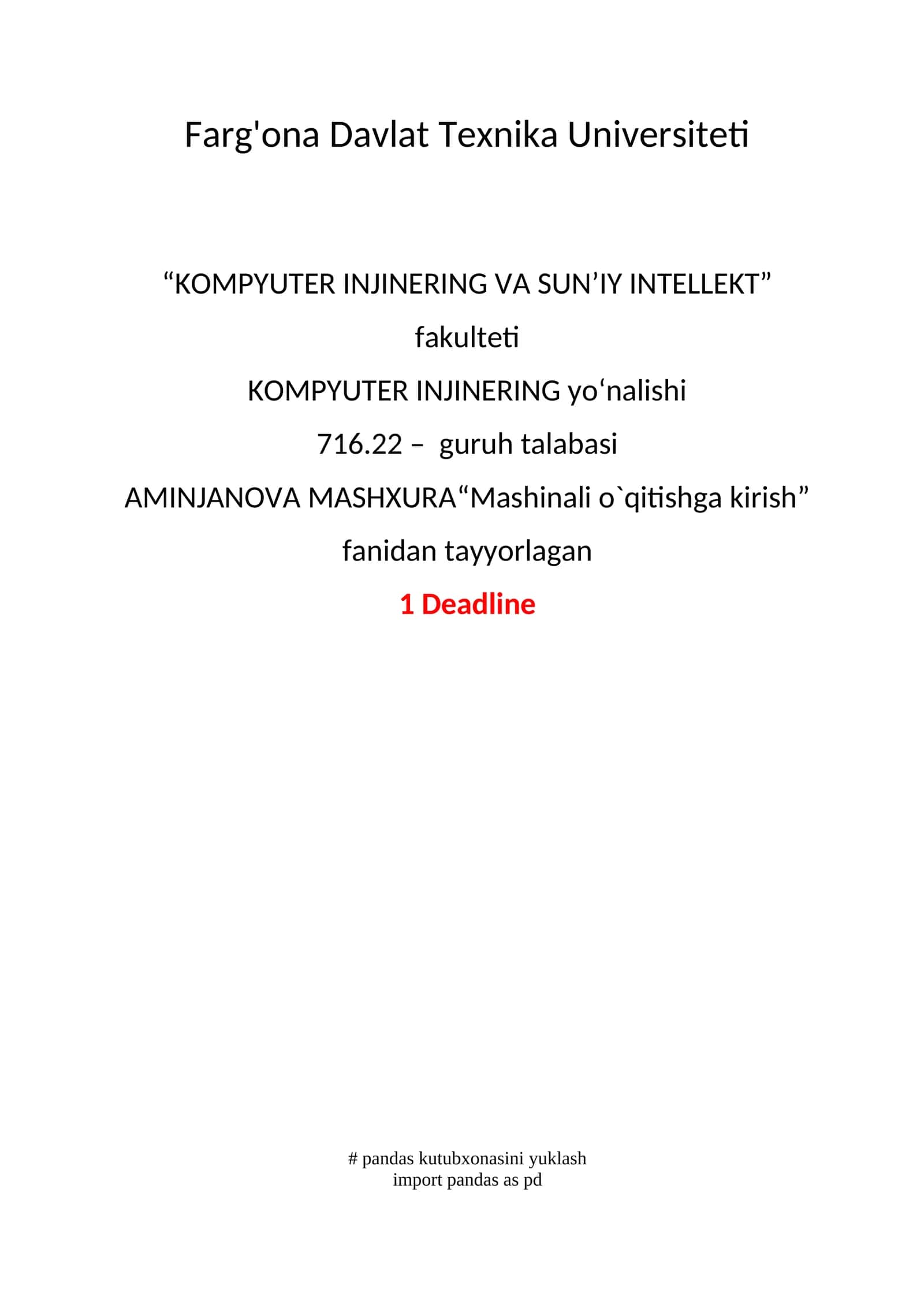 AMINJANOVA MASHXURA “Mashinali o`qitishga kirish” 1