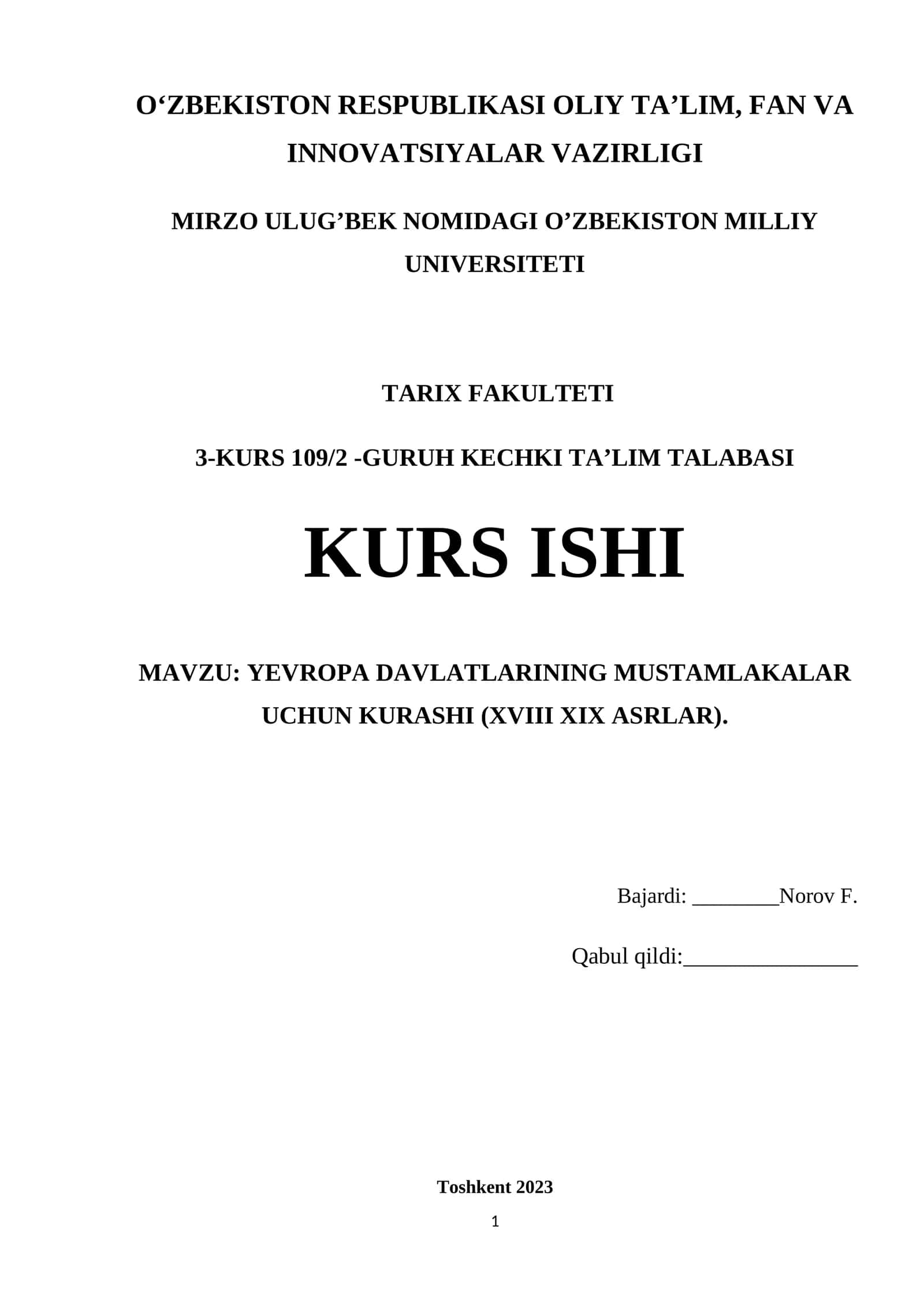 YEVROPA DAVLATLARINING MUSTAMLAKALAR UCHUN KURASHI (XVIII XIX ASRLAR) 1