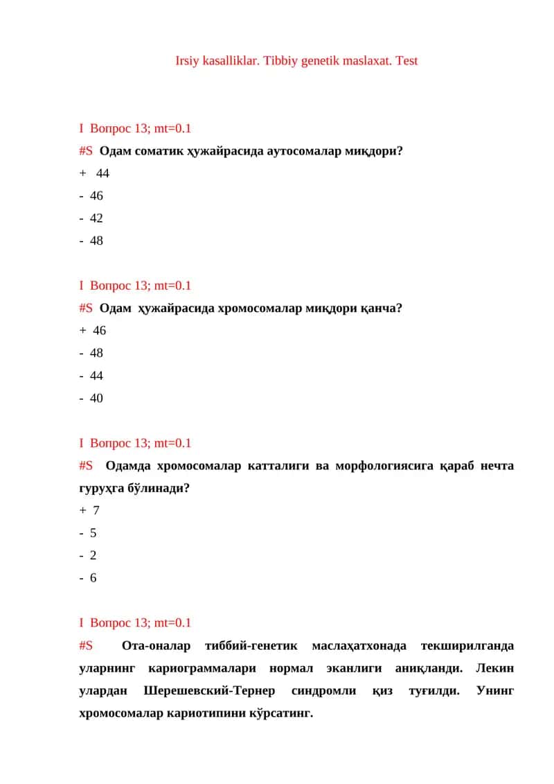 Irsiy kasalliklar. Tibbiy genetik maslaxat. Test 1