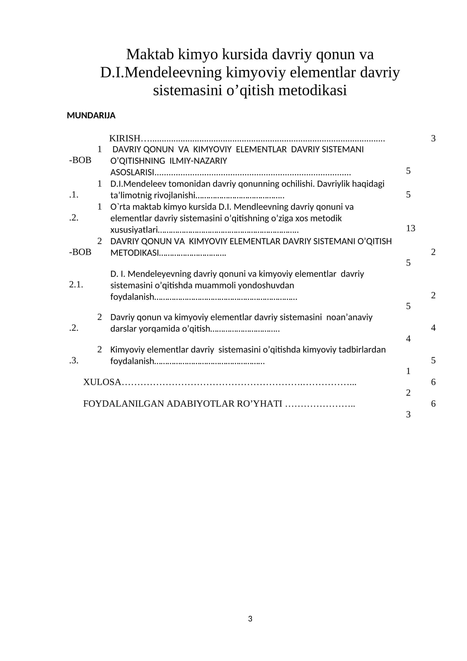 Maktab kimyo kursida davriy qonun va D.I.Mendeleevning kimyoviy elementlar davriy sistemasini o’qitish metodikasi 1