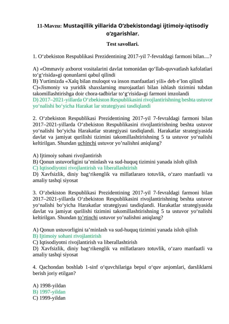 Mustaqillik yillarida O‘zbekistondagi ijtimoiy-iqtisodiy o‘zgarishlar. Test savollari. 1
