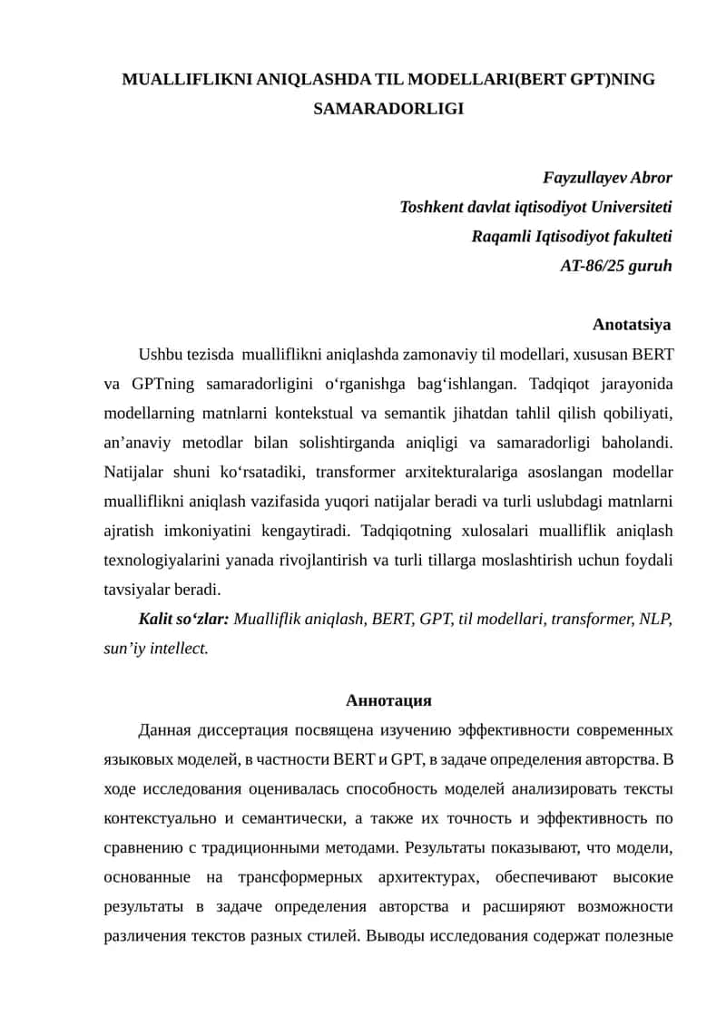 MUALLIFLIKNI ANIQLASHDA TIL MODELLARI(BERT GPT)NING SAMARADORLIGI 1