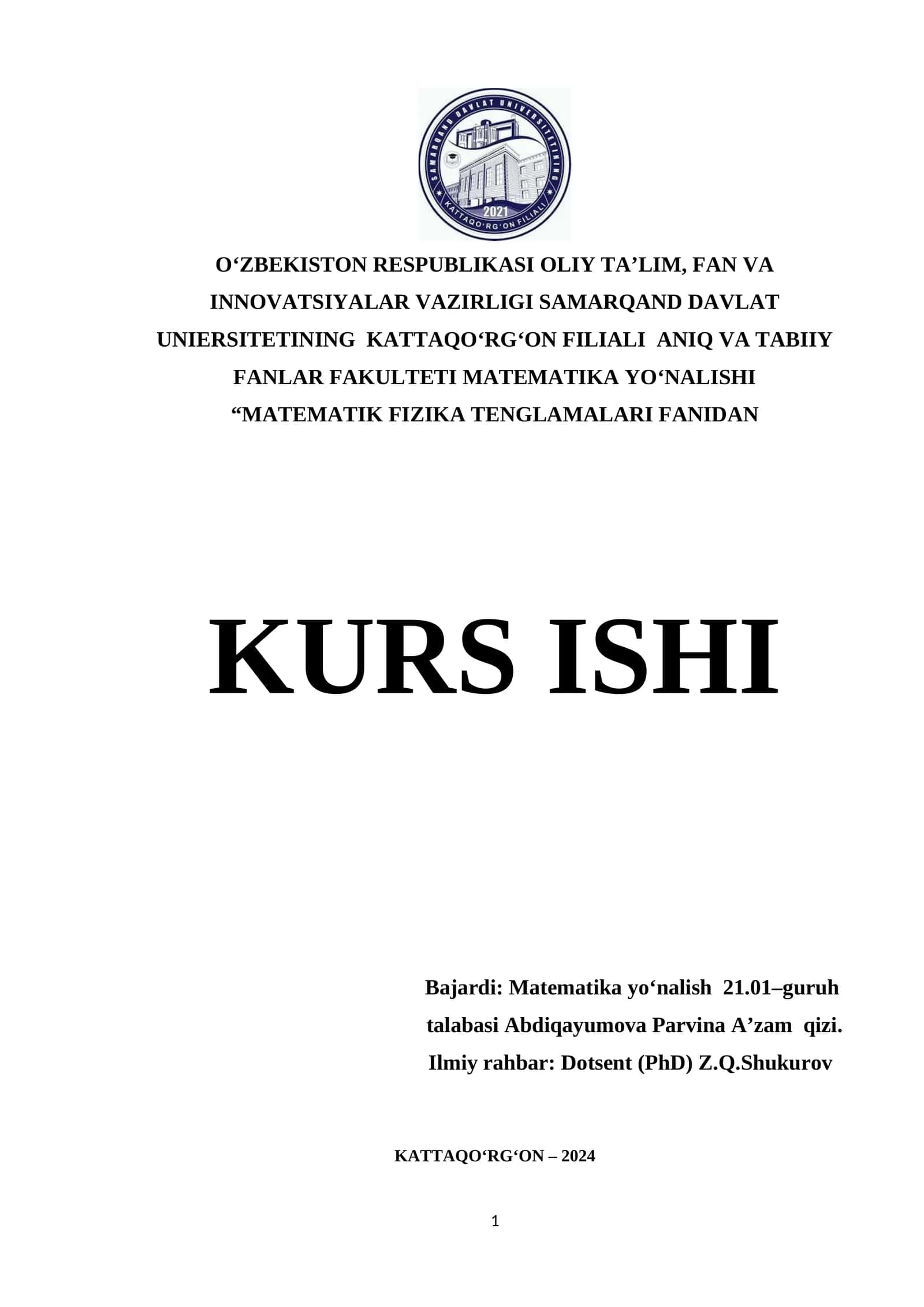 Matematik fizika tenglamalari fanidan kurs ishi 1