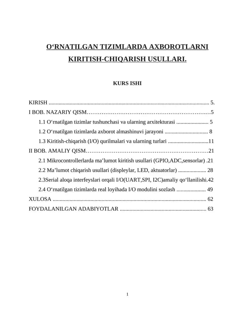 O‘RNATILGAN TIZIMLARDA AXBOROTLARNI KIRITISH-CHIQARISH USULLARI 1