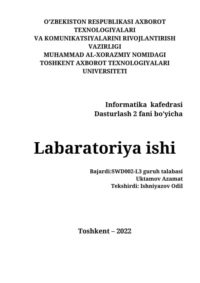 Dasturlash 2 fani bo’yicha Labaratoriya ishi 1