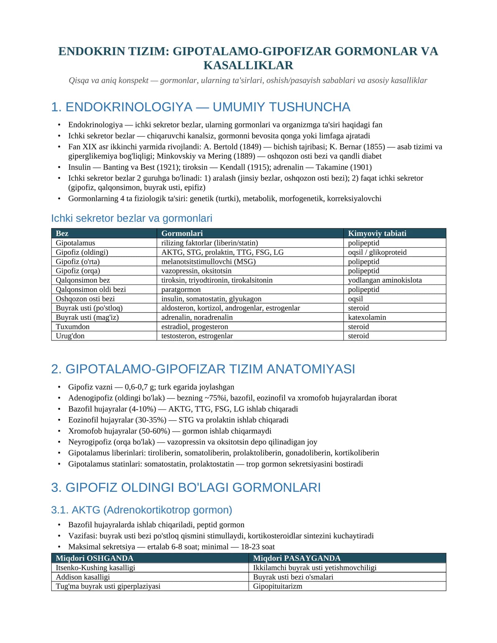 ENDOKRIN TIZIM: GIPOTALAMO-GIPOFIZAR GORMONLAR VA KASALLIKLAR 1