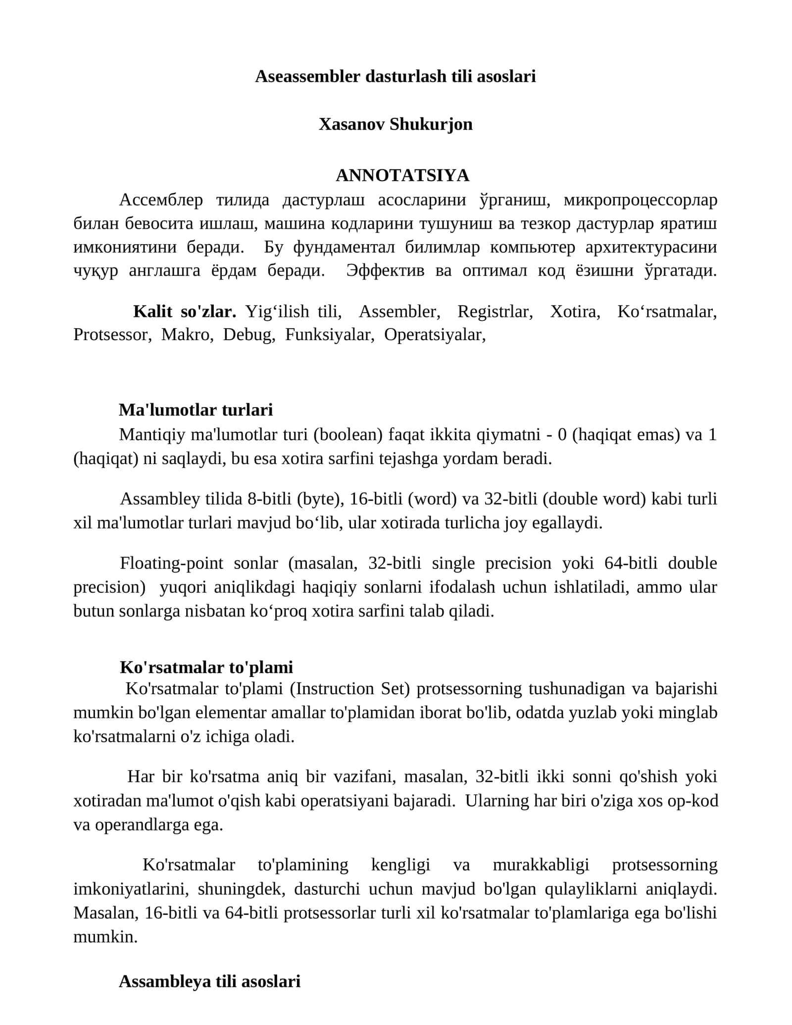 Aseassembler dasturlash tili asoslari 1