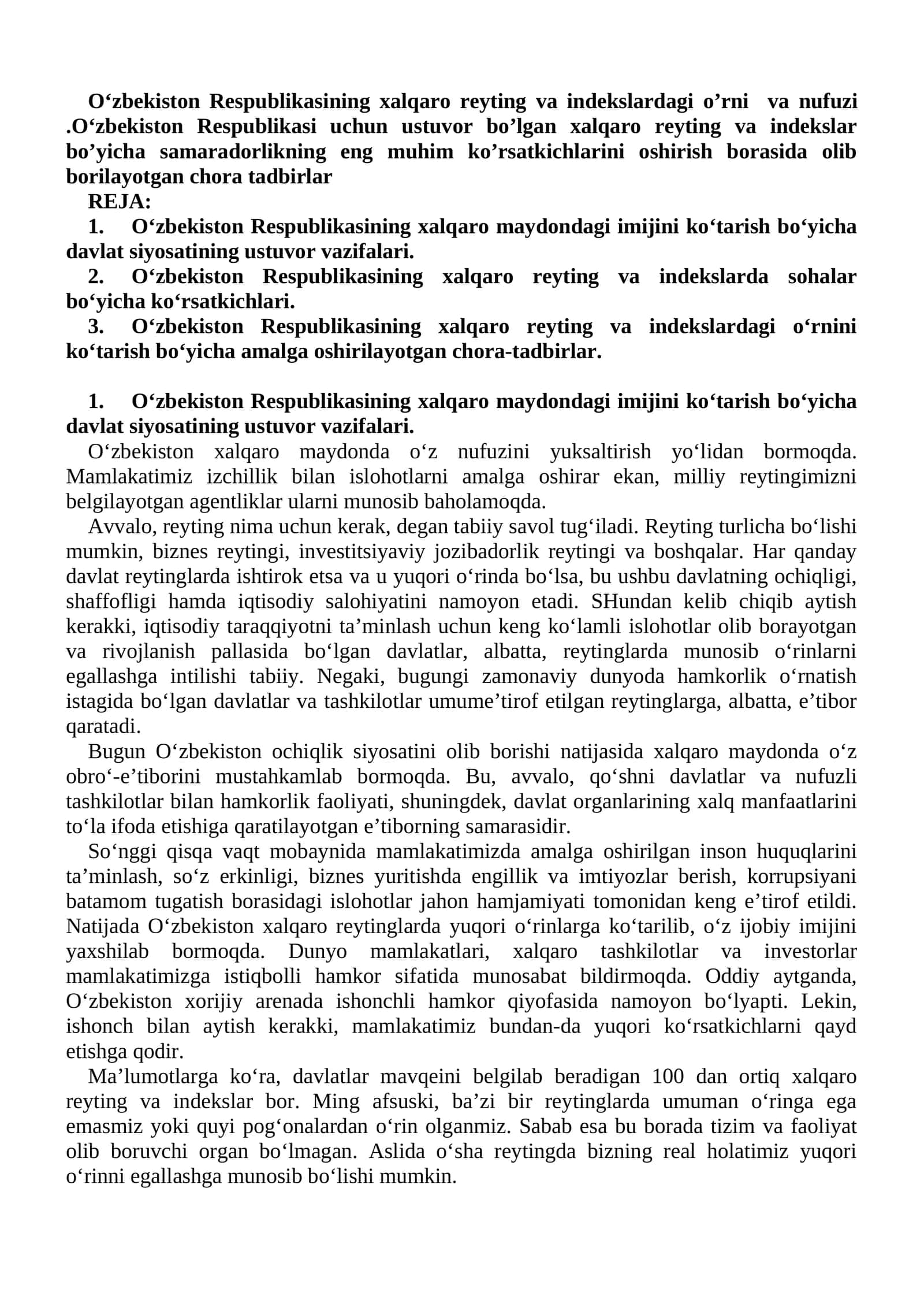 O‘zbekiston Respublikasining xalqaro reyting va indekslardagi o’rni va nufuzi 1