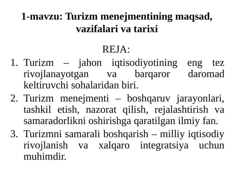 Turizm menejmentining maqsad, vazifalari va tarixi 1