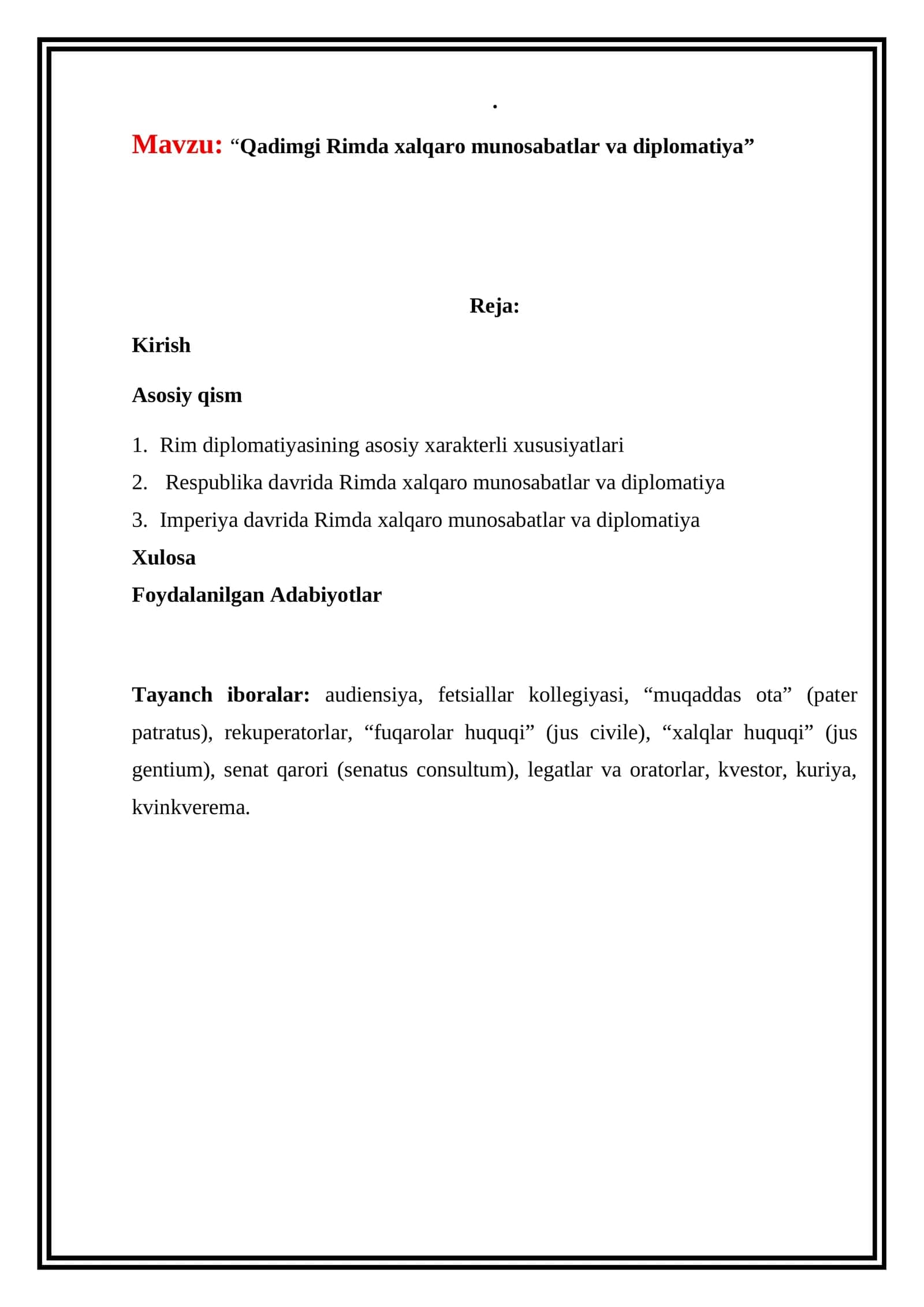 “Qadimgi Rimda xalqaro munosabatlar va diplomatiya” 1