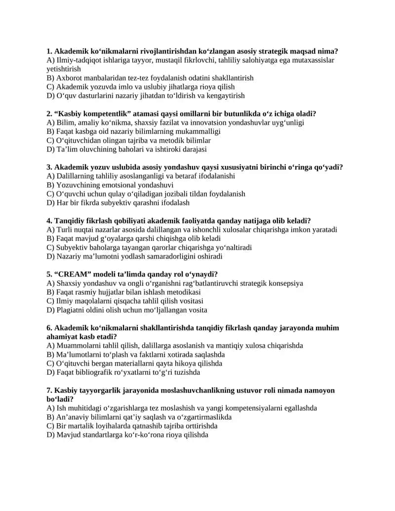 Akademik ko'nikmalar test 200 talik 1