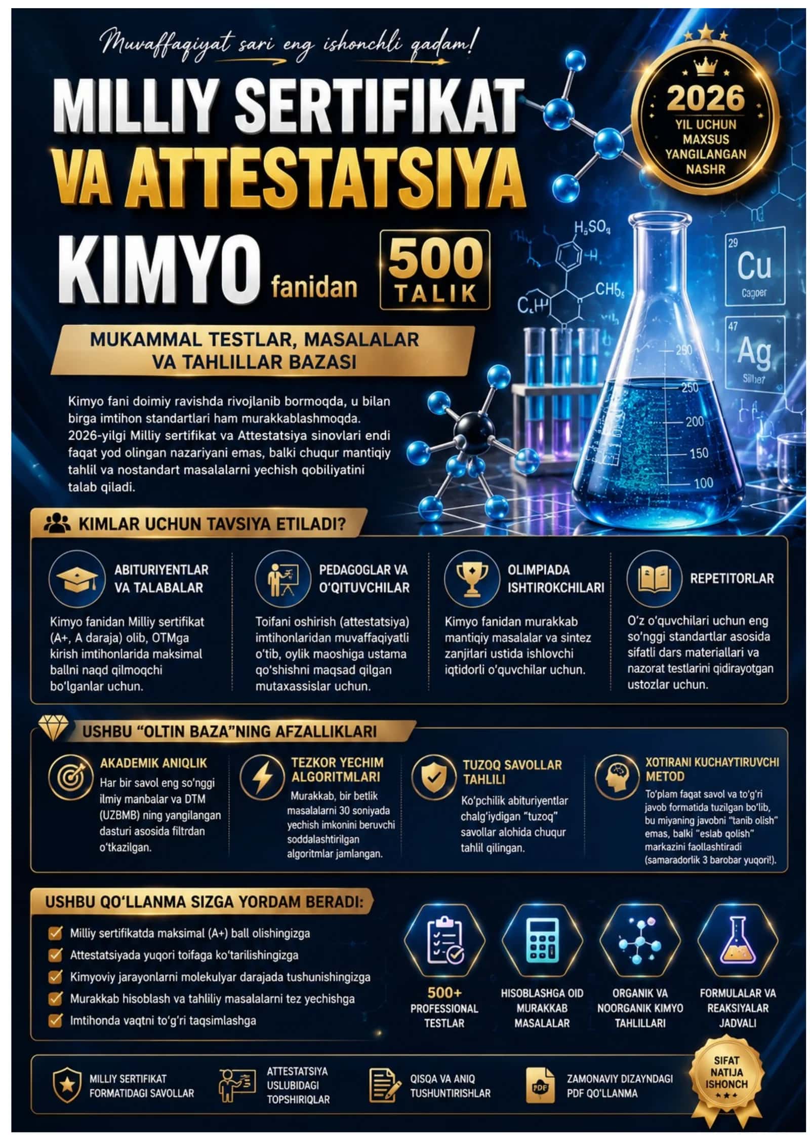MILLIY SERTIFIKAT VA ATTESTATSIYA KIMYO FANIDAN MUKAMMAL TESTLAR,MASALALAR  TAHLILLI 2026 1