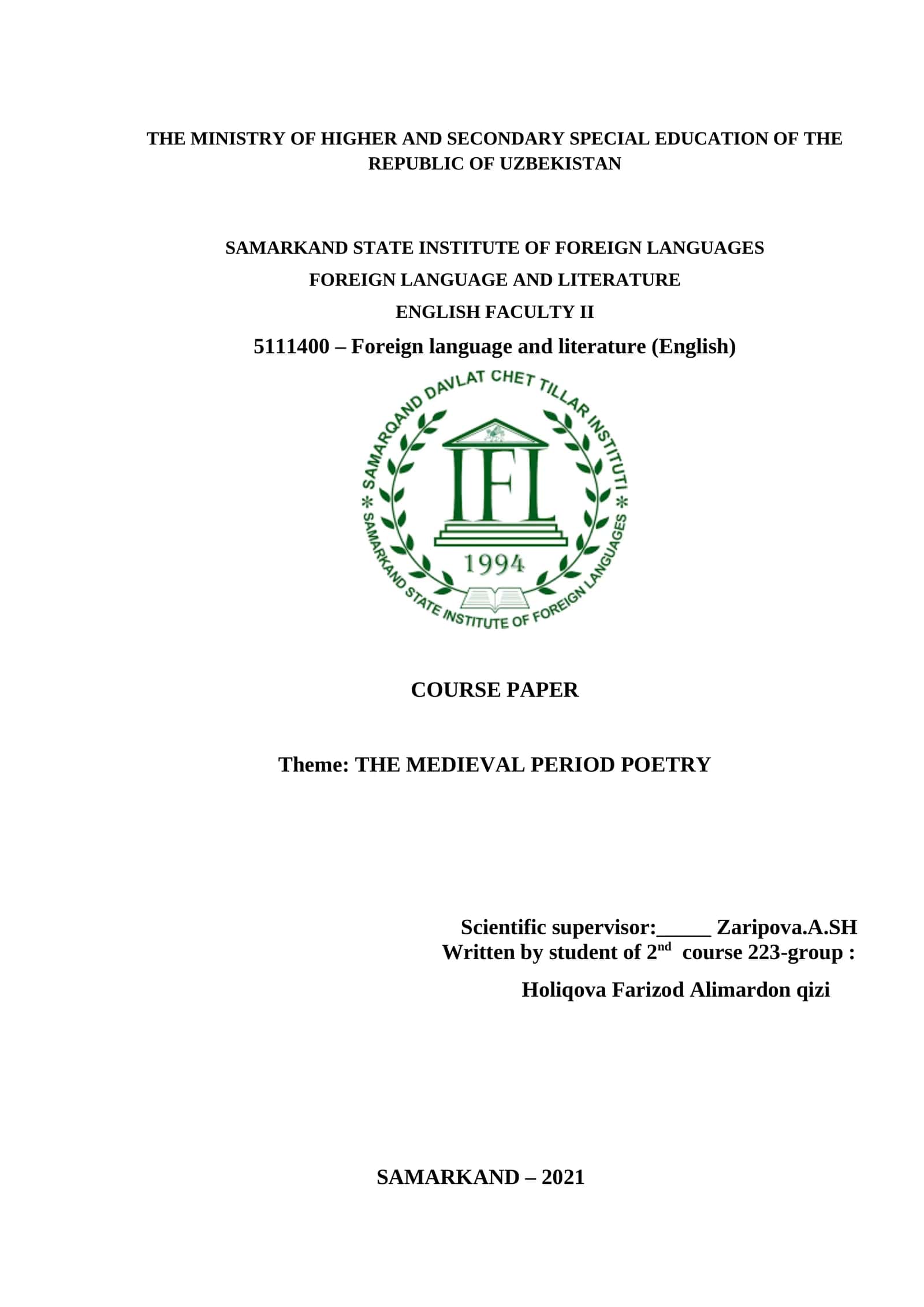COURSE PAPER ON THE MEDIEVAL PERIOD POETRY 1