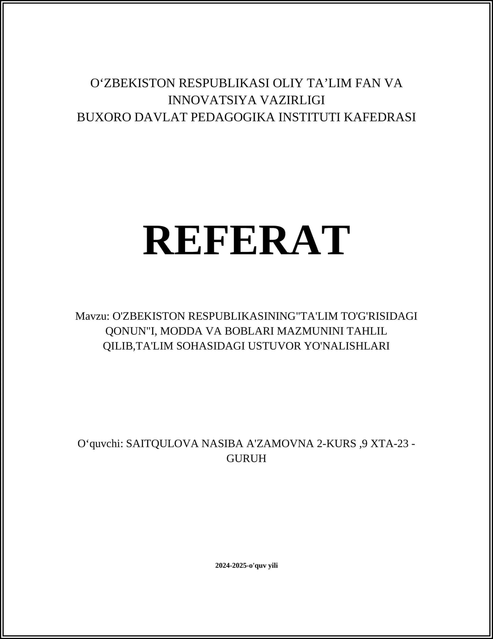 O‘zbekiston Respublikasining"TA'LIM TO'G'RISIDAGI QONUN" 1