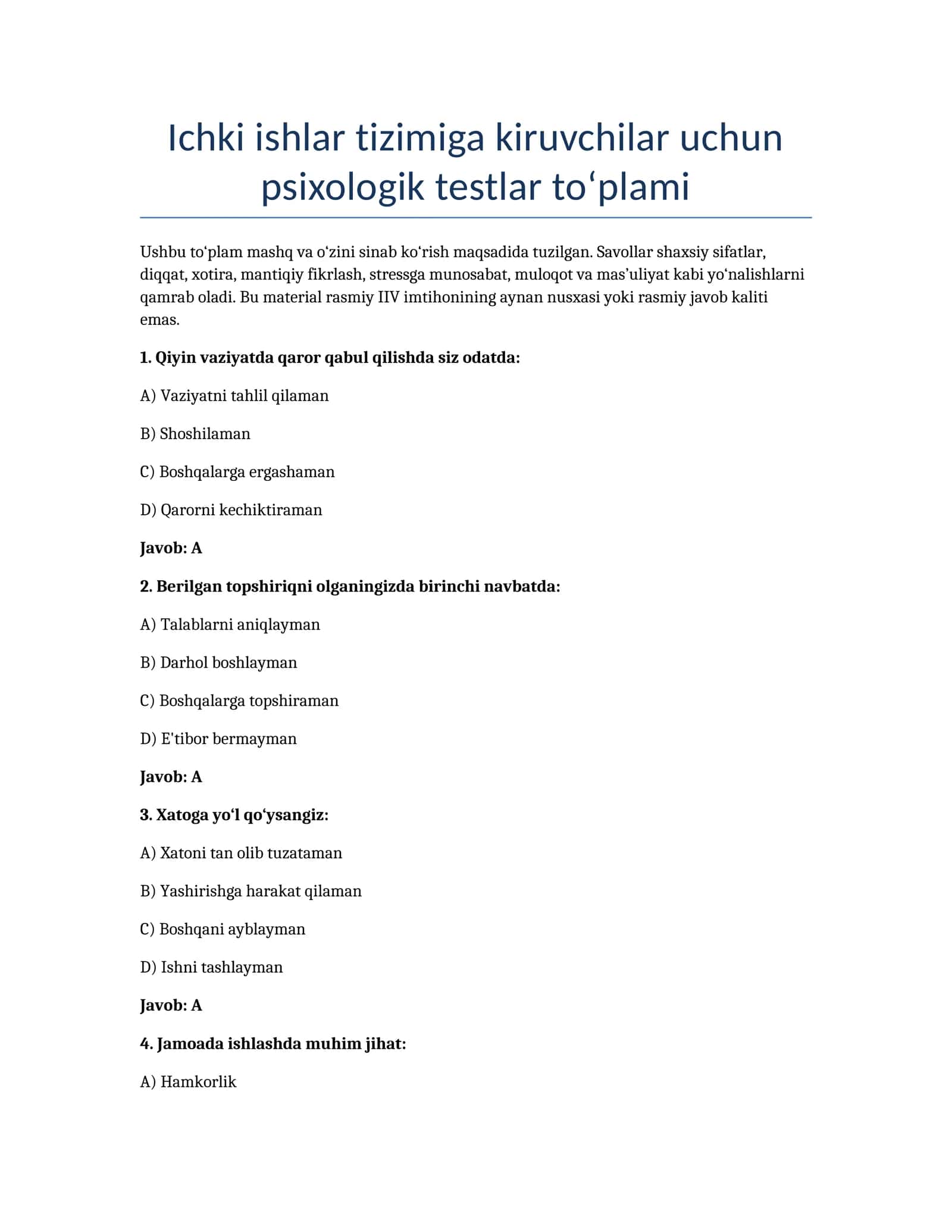 Ichki ishlar tizimiga kiruvchilar uchun psixologik testlar to'plami 1