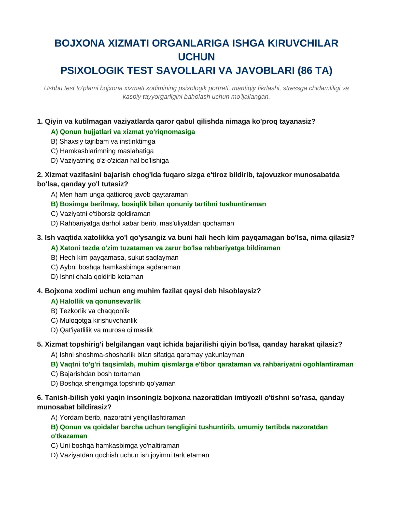 Bojxona xizmati psixologik test savollari va javoblari (86 ta) 1