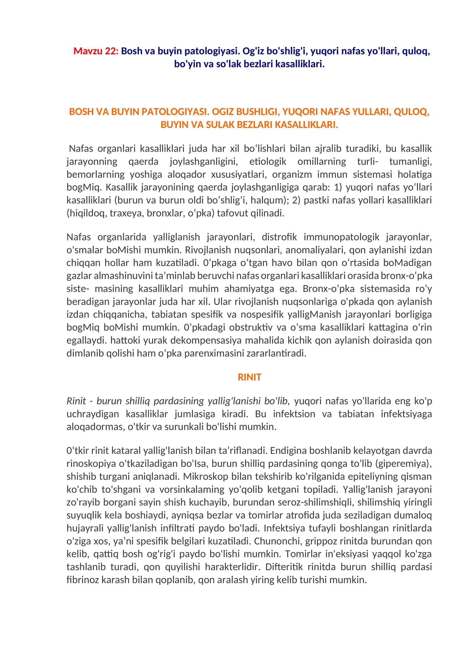 Bosh va buyin patologiyasi. Og'iz bo'shlig'i, yuqori nafas yo'llari, quloq, bo'yin va so'lak bezlari kasalliklari 1