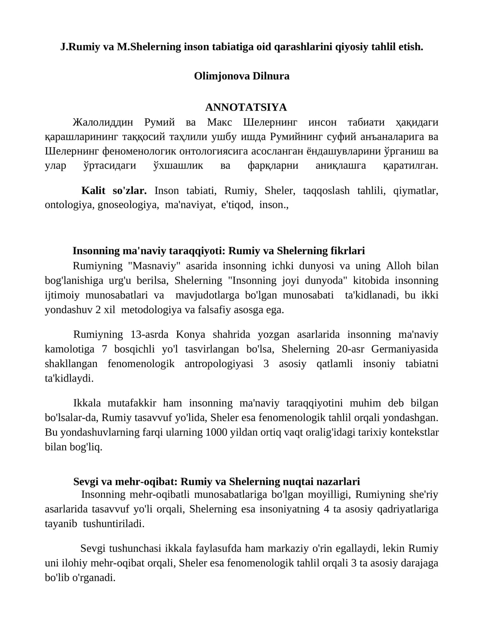 Insonning ma'naviy taraqqiyoti: Rumiy va Shelerning fikrlari 1