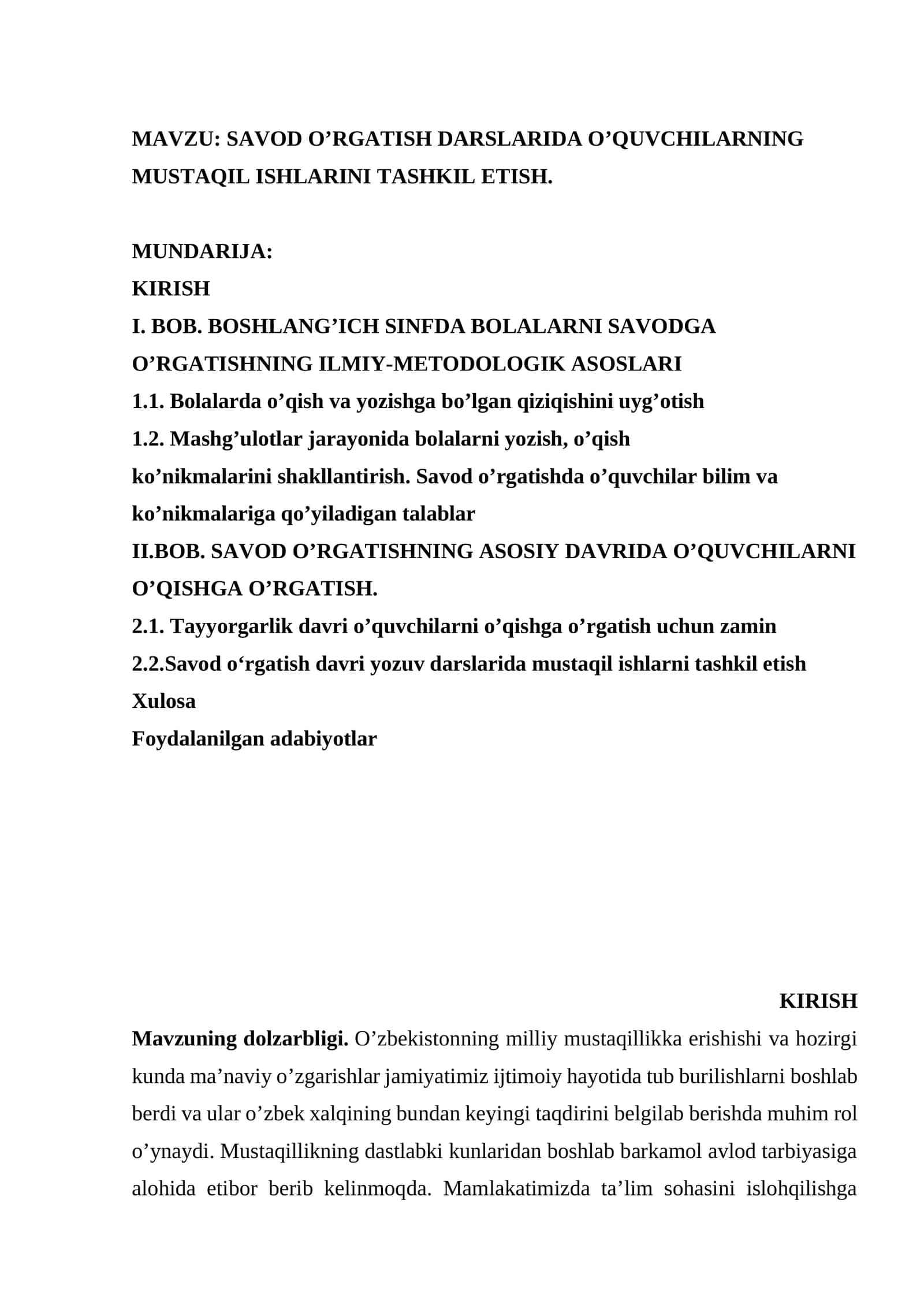 SAVOD O’RGATISH DARSLARIDA O’QUVCHILARNING MUSTAQIL ISHLARINI TASHKIL ETISH 1
