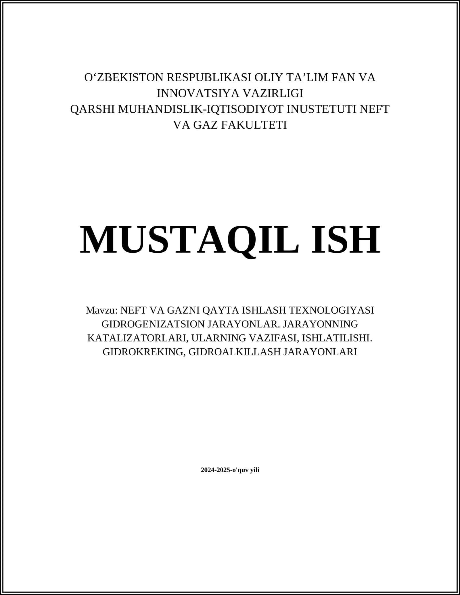 NEFT VA GAZNI QAYTA ISHLASH TEXNOLOGIYASI GIDROGENIZATSION JARAYONLAR 1