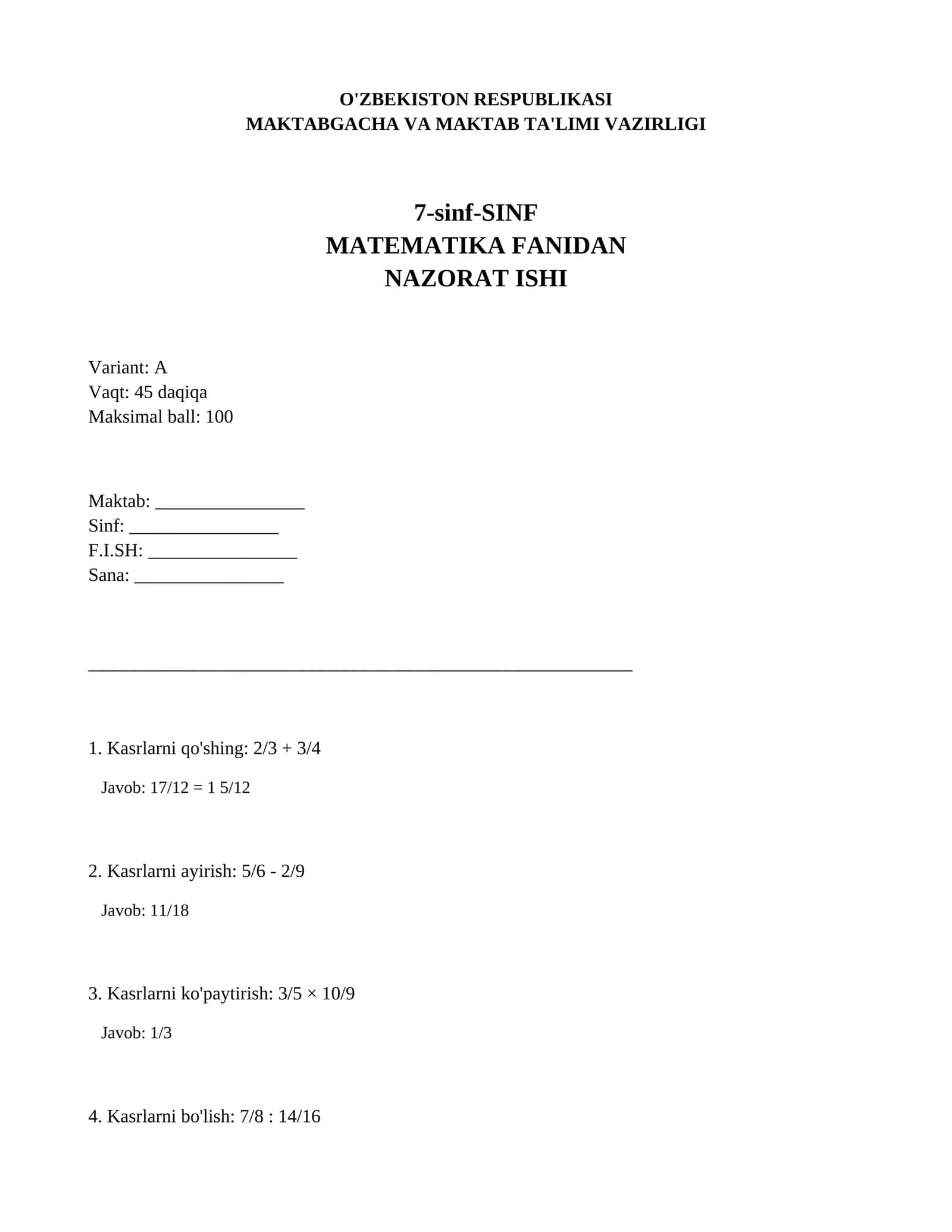 7-sinf-SINF MATIMATIKA FANIDAN NAZORAT ISHI Variant: A 1