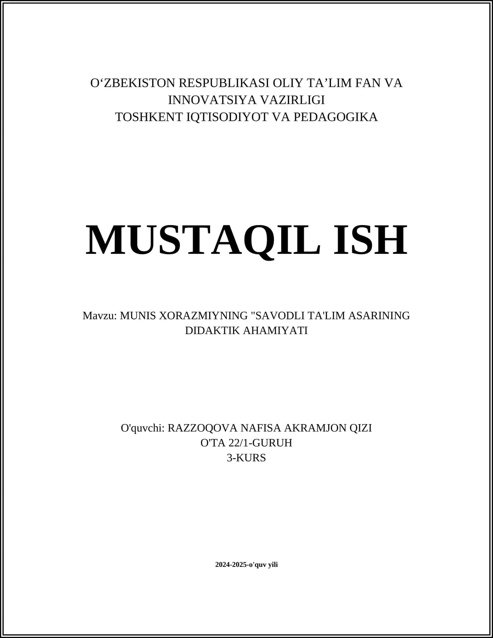 MUNIS XORAZMIYNING "SAVODLI TA'LIM ASARINING DIDAKTIK AHAMIYATI 1