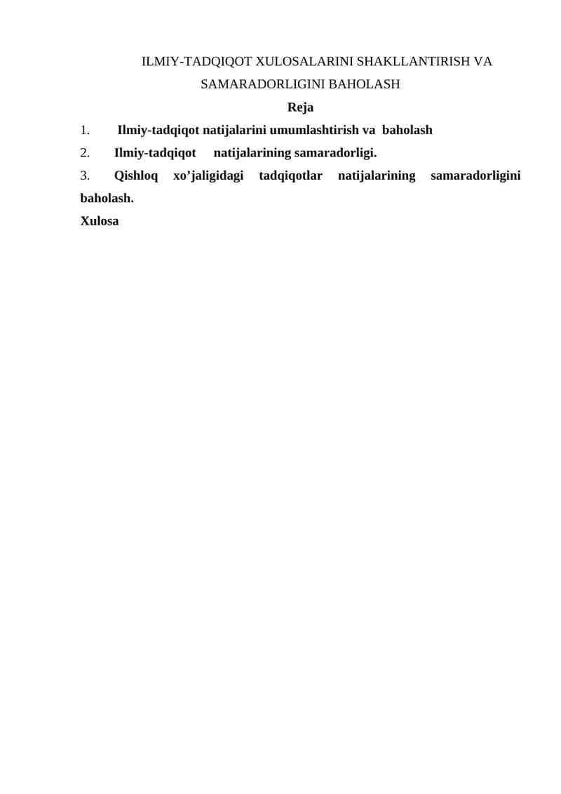 ILMIY-TADQIQOT XULOSALARINI SHAKLLANTIRISH VA SAMARADORLIGINI BAHOLASH 1