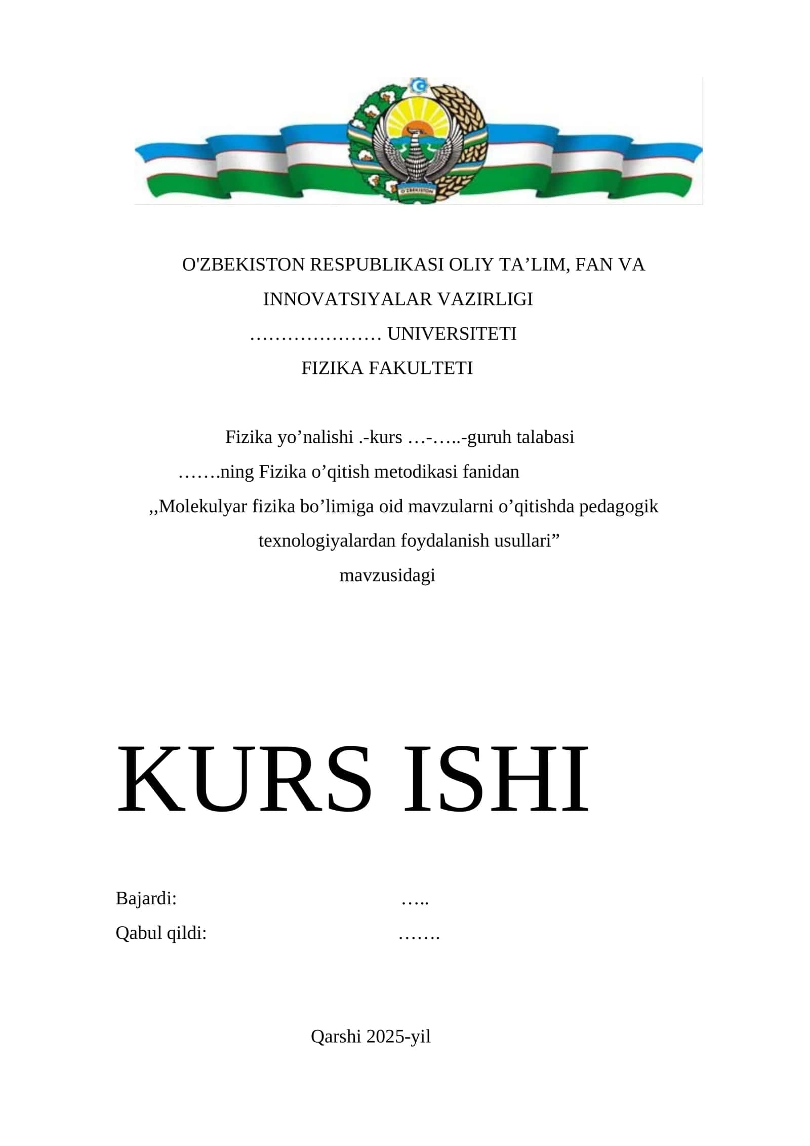 Molekulyar fizika bo’limiga oid mavzularni o’qitishda pedagogik texnologiyalardan foydalanish usullari mavzusiga doir tayyor kurs ish 1