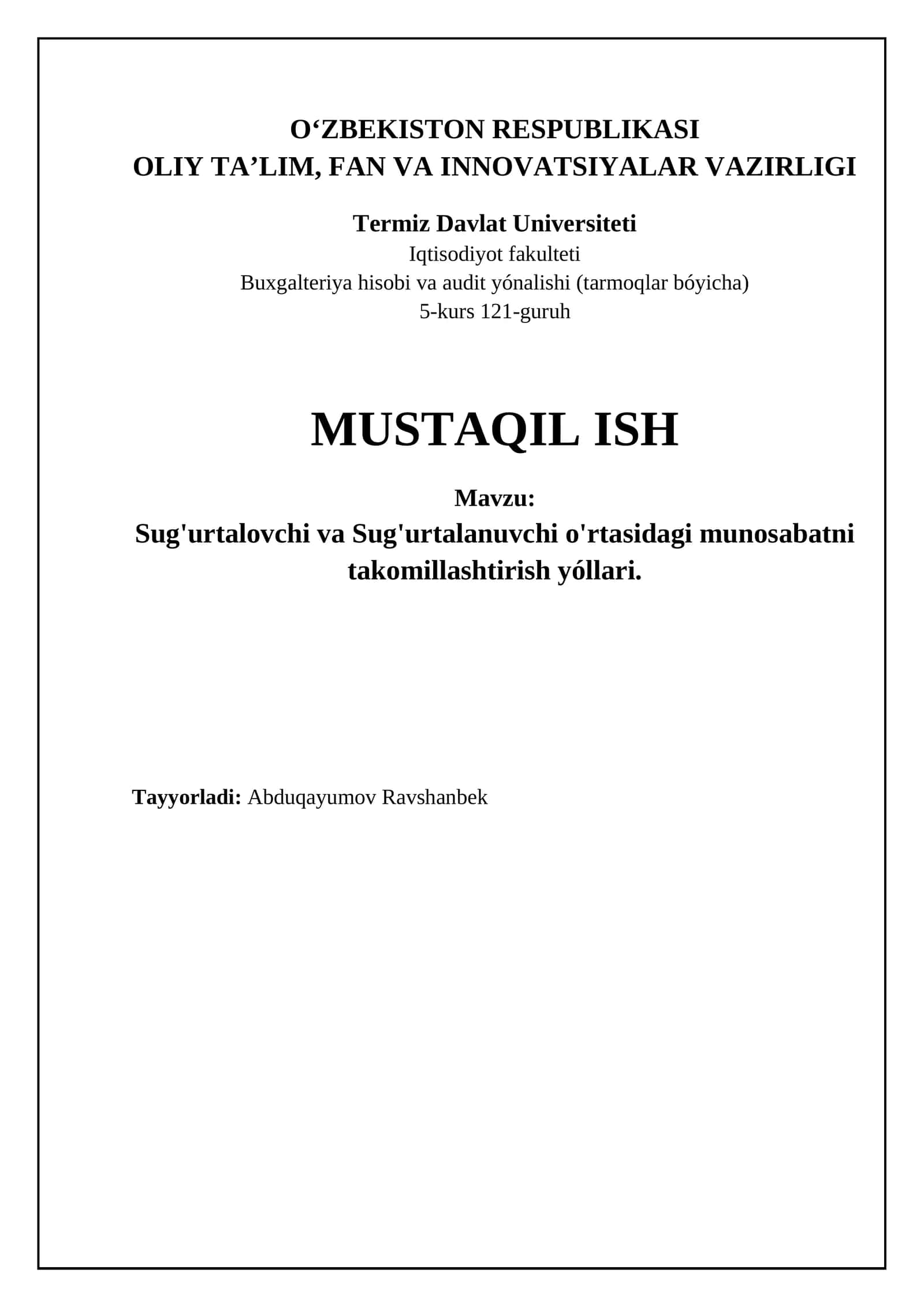 Sug'urtalovchi va Sug'urtalanuvchi o'rtasidagi munosabatni takomillashtirish yóllari 1