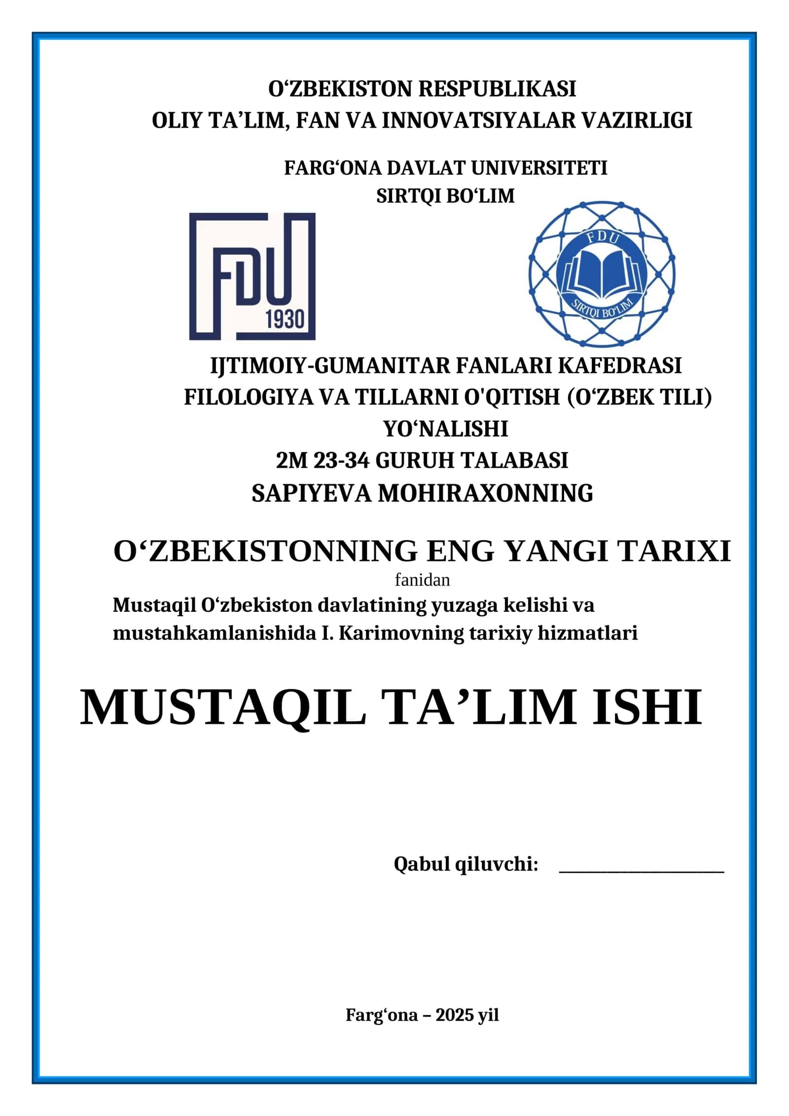 Mustaqil O‘zbekiston davlatining yuzaga kelishi va mustahkamlanishida I. Karimovning tarixiy hizmatlari 1