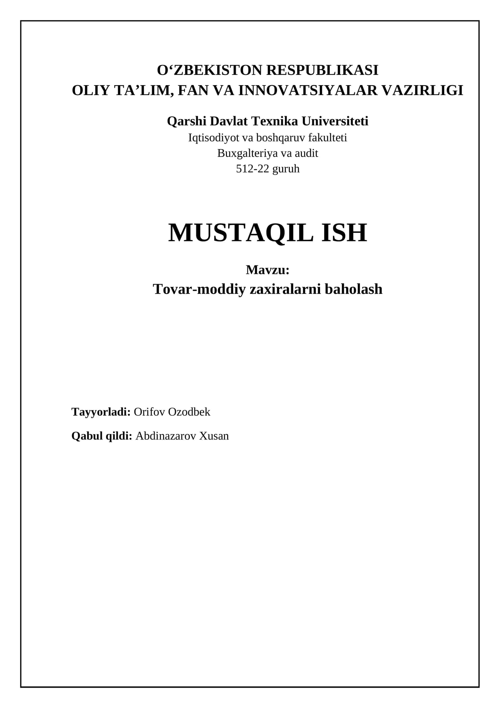 Tovar-moddiy zaxiralarni baholash 1