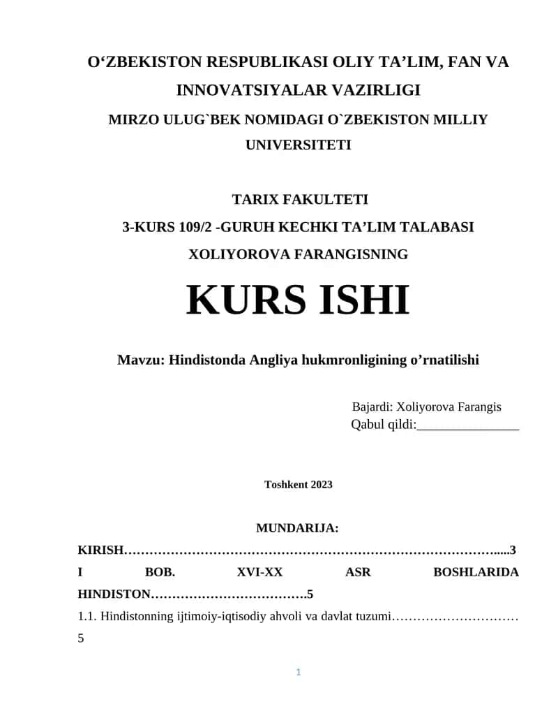 Hindistonda Angliya hukmronligining o’rnatilishi 1