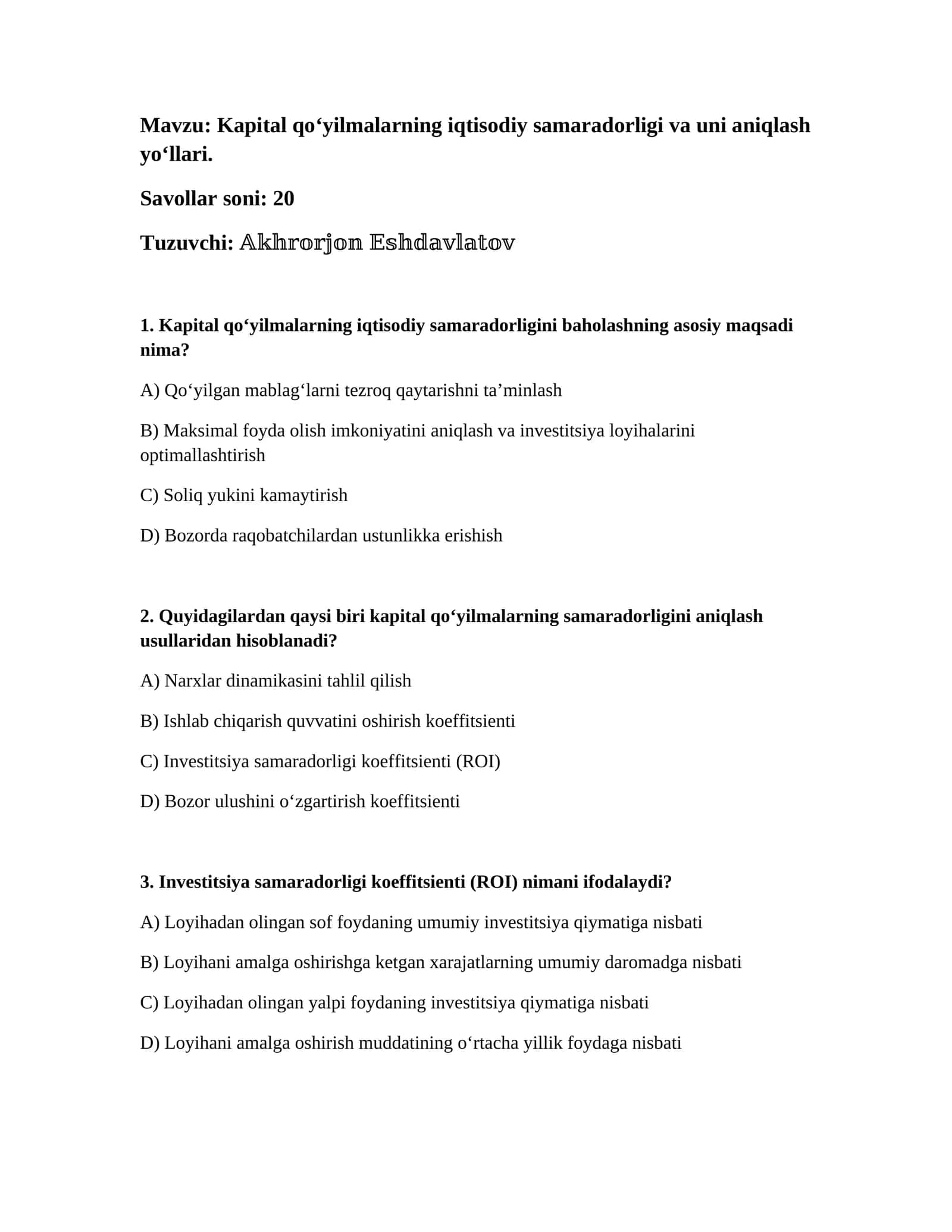 Kapital qoʻyilmalarning iqtisodiy samaradorligi va uni aniqlash yoʻllari 1