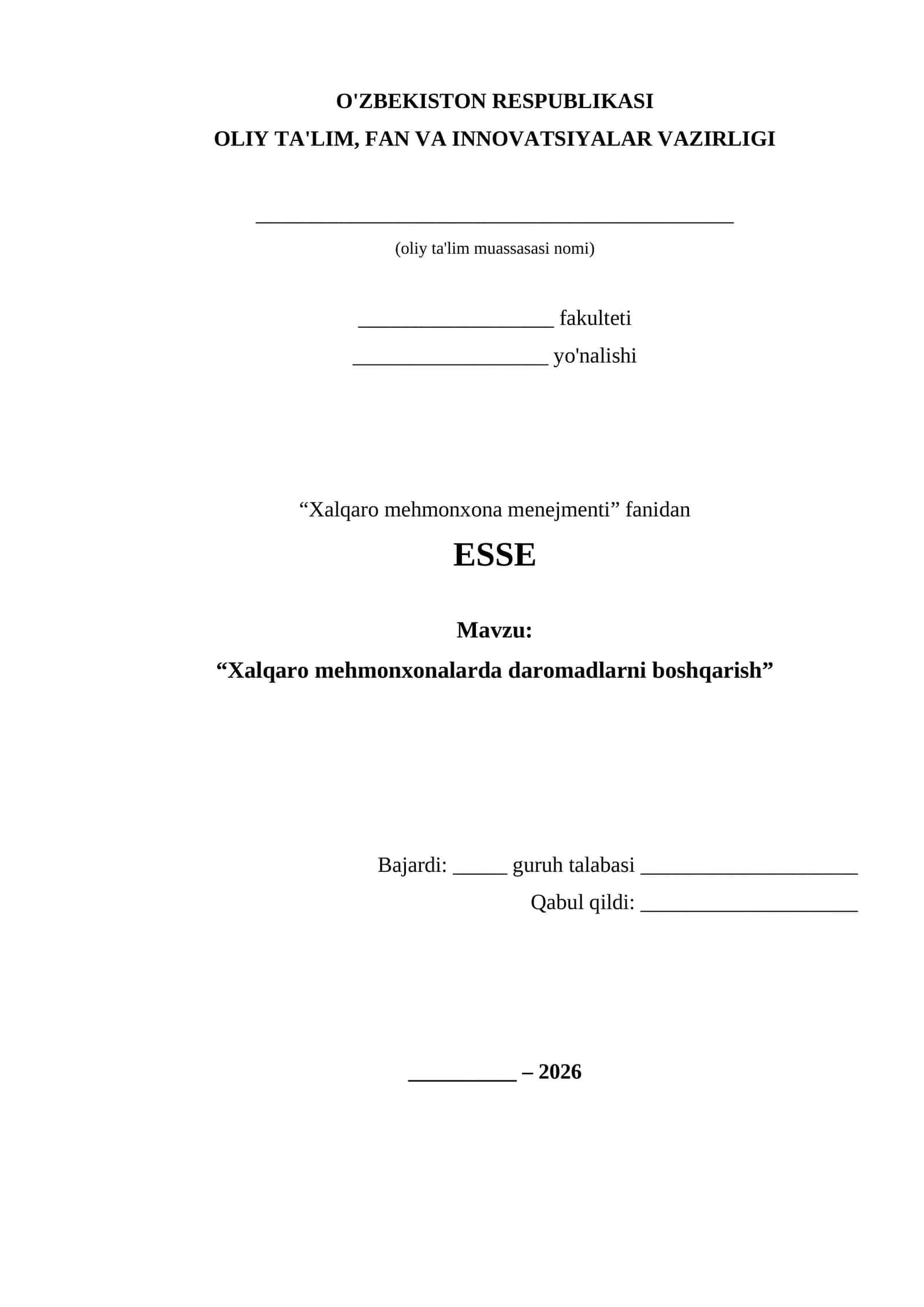 ESSE: Xalqaro mehmonxonalarda daromadlarni boshqarish 1