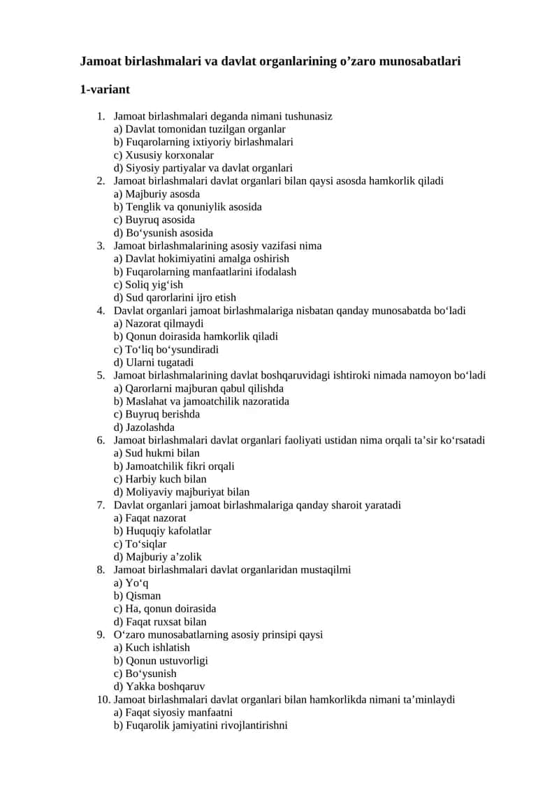Jamoat birlashmalari va davlat organlarining o’zaro munosabatlari 1