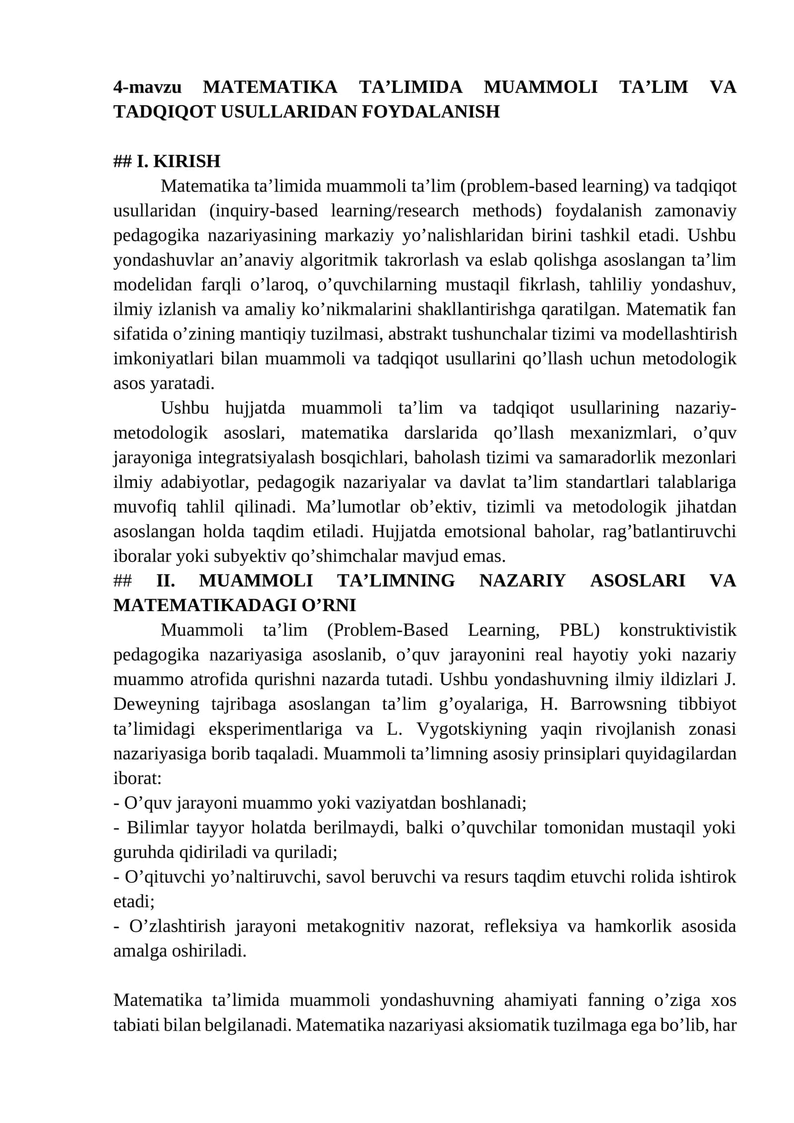 MATEMATIKA TA’LIMIDA MUAMMOLI TA’LIM VA TADQIQOT USULLARIDAN FOYDALANISH 1