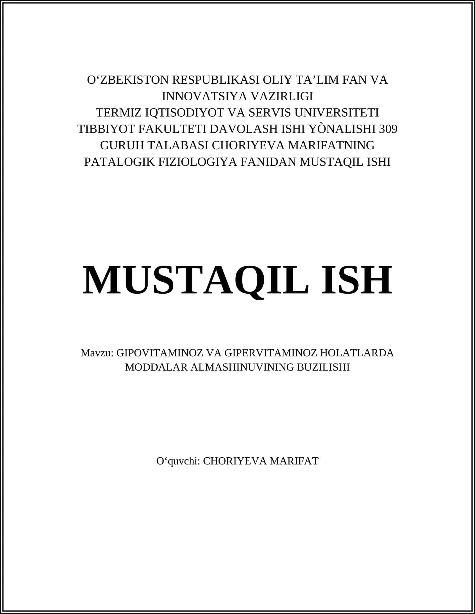 GIPOVITAMINOZ VA GIPERVITAMINOZ HOLATLARDA MODDALAR ALMASHINUVINING BUZILISHI 1