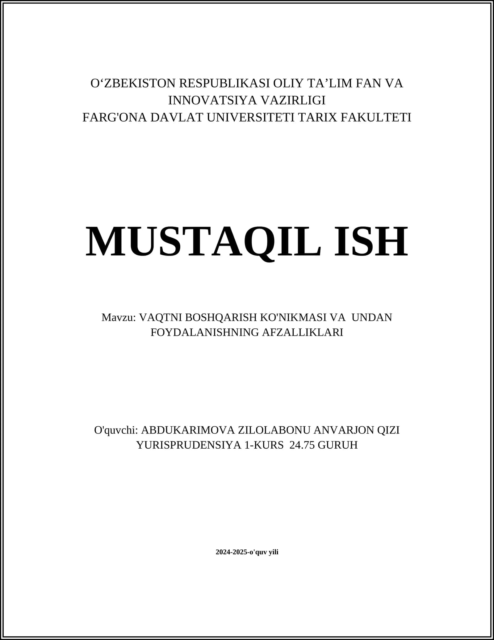 VAQTNI BOSHQARISH KO'NIKMASI VA UNDAN FOYDALANISHNING AFZALLIKLARI 1