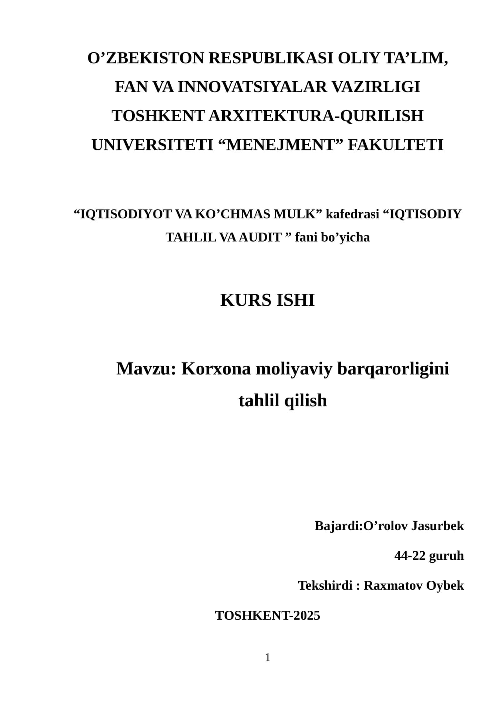 Korxona moliyaviy barqarorligini tahlil qilish 1