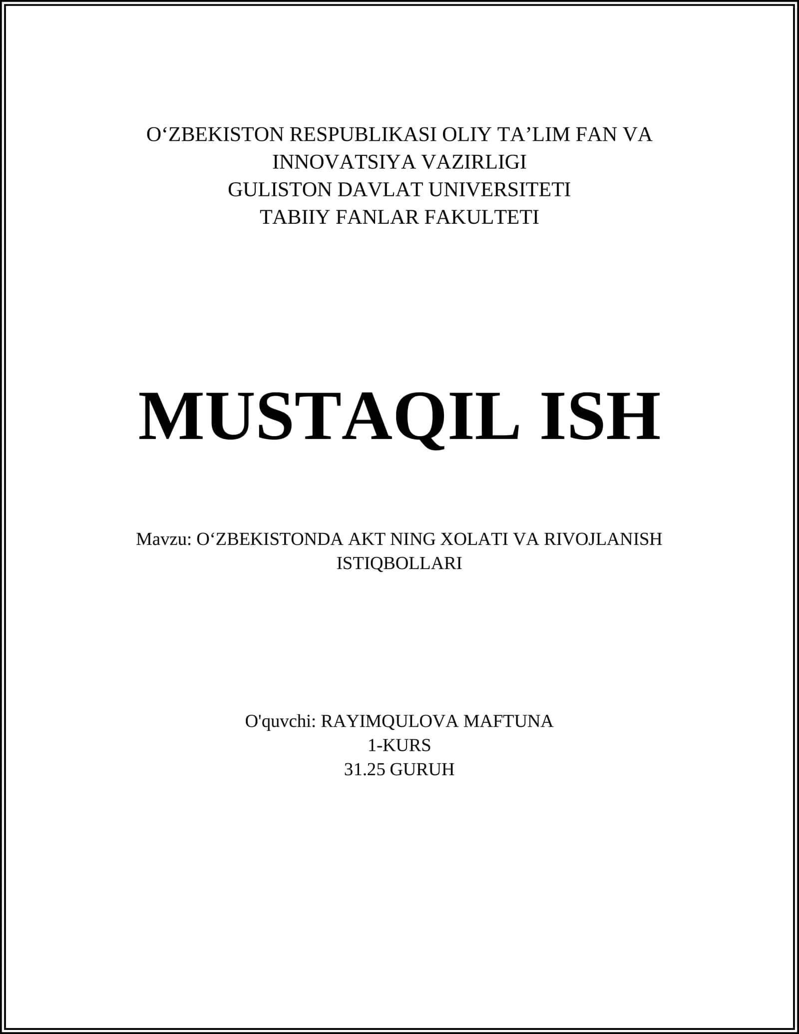 O‘ZBEKISTONDA AKT NING XOLATI VA RIVOJLANISH ISTIQBOLLARI 1