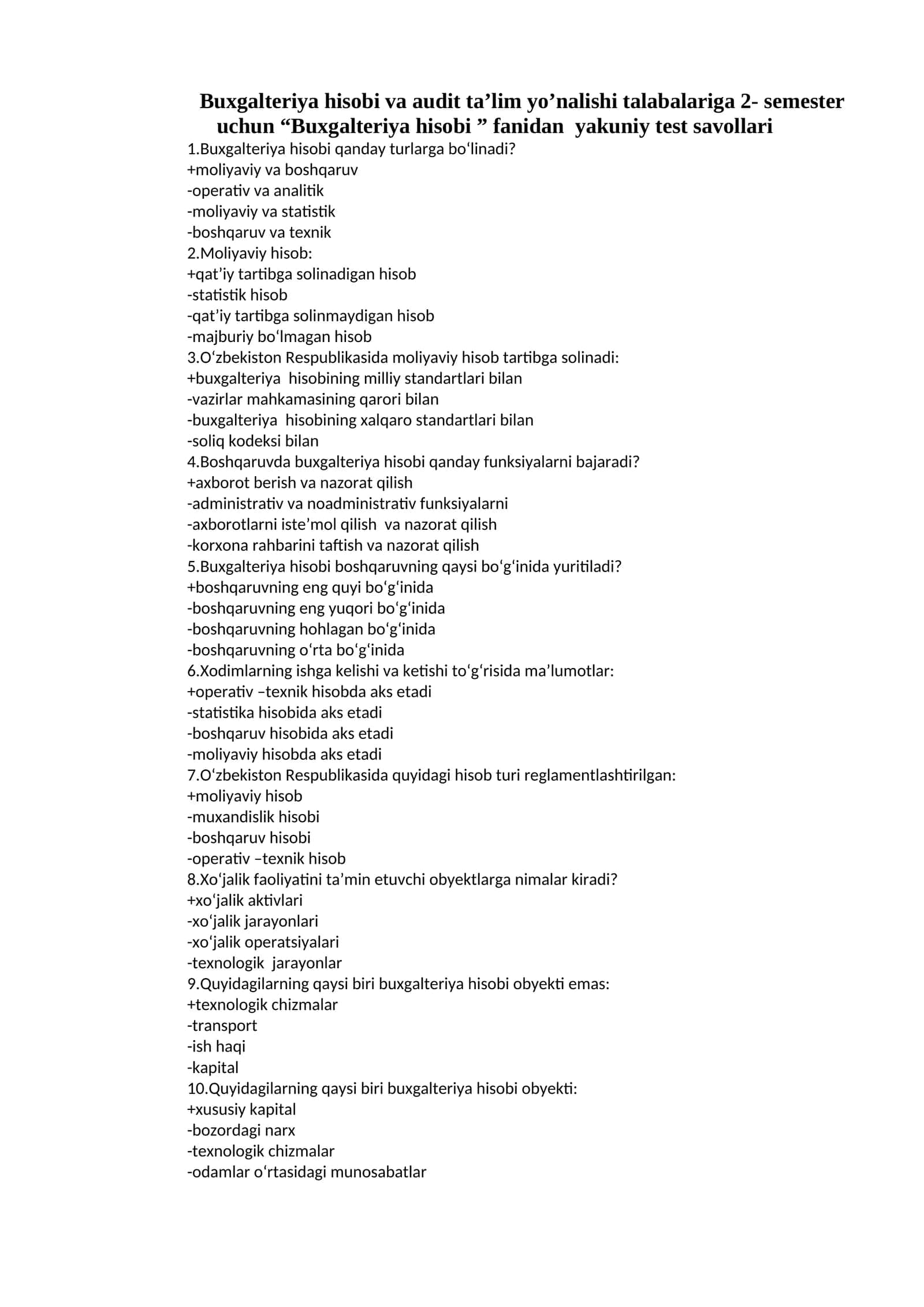 Buxgalteriya hisobi va audit ta’lim yo’nalishi yakuniy test savollari 1