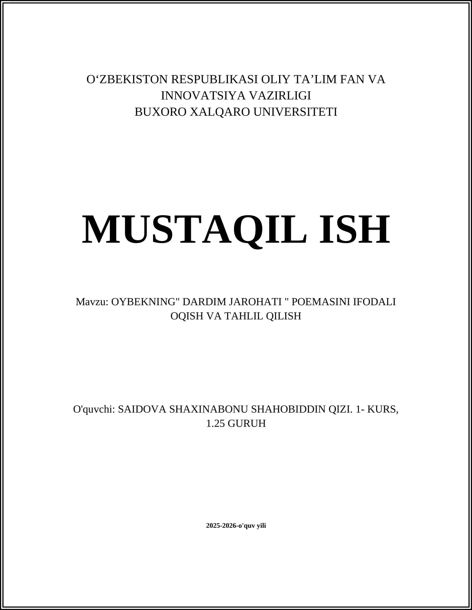OYBEKNING" DARDIM JAROHATI " POEMASINI IFODALI OQISH VA TAHLIL QILISH 1