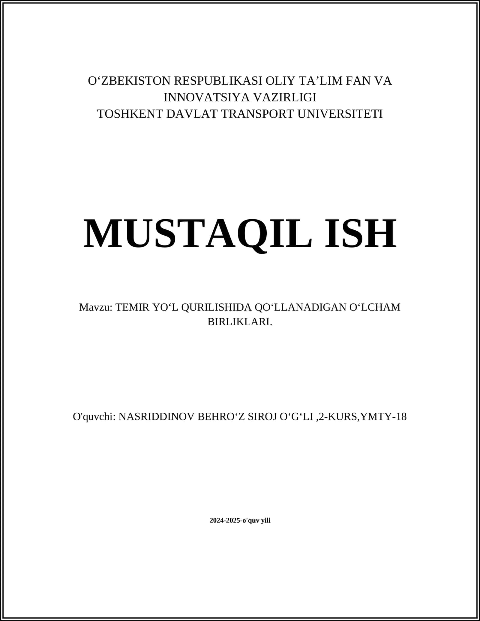 TEMIR YO‘L QURILISHIDA QO‘LLANADIGAN O‘LCHAM BIRLIKLARI 1